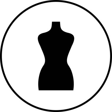 Siyah manken elbise form simgesi, sahte vektör moda tasarım aracı biçimi, dikiş gövdesi, giyim sergisi, giyim standı içerir