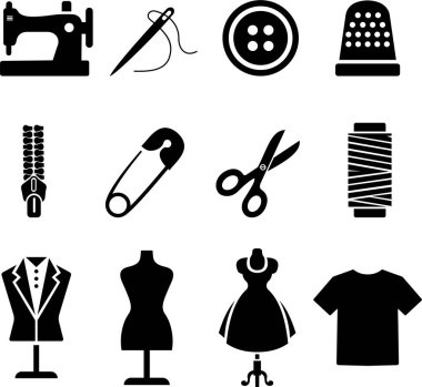 Siyah dikiş araçları simgesi seti, dikiş ekipmanı vektör koleksiyonu ve terzilik aksesuar biçimi, iğne, iplik, düğme, makas, fermuar, şeffaf arkaplanda izole edilmiş manken