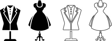 Siyah manken elbise form ikonu seti, sahte vektör koleksiyonu ve moda tasarım aracı grup biçimi, dikiş gövdesi, giysi gösterisi, giyim standını içerir