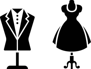 Siyah manken elbise form ikonu seti, sahte vektör koleksiyonu ve moda tasarım aracı grup biçimi, dikiş gövdesi, giysi gösterisi, giyim standını içerir