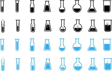 Test tüpü simgesi seti. Kimya, laboratuvar ve tıbbi tasarım element vektör koleksiyonu şeffaf arka planda izole edildi. Bilim, eczane, deney şişesi, tıbbi cam, uygulama ve web sitesi şişesi kavramını kabul edin.