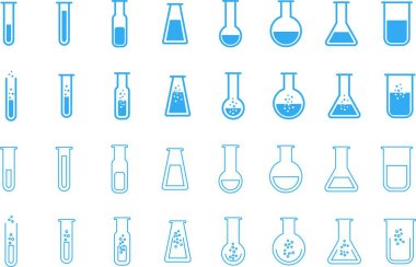Test tüpü simgesi seti. Kimya, laboratuvar ve tıbbi tasarım element vektör koleksiyonu şeffaf arka planda izole edildi. Bilim, eczane, deney şişesi, tıbbi cam, uygulama ve web sitesi şişesi kavramını kabul edin.