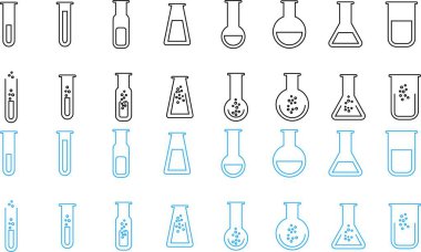 Test tüpü simgesi seti. Kimya, laboratuvar ve tıbbi tasarım element vektör koleksiyonu şeffaf arka planda izole edildi. Bilim, eczane, deney şişesi, tıbbi cam, uygulama ve web sitesi şişesi kavramını kabul edin.