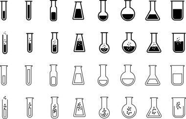 Test tüpü simgesi seti. Kimya, laboratuvar ve tıbbi tasarım element vektör koleksiyonu şeffaf arka planda izole edildi. Bilim, eczane, deney şişesi, tıbbi cam, uygulama ve web sitesi şişesi kavramını kabul edin.