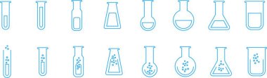 Test tüpü simgesi seti. Kimya, laboratuvar ve tıbbi tasarım element vektör koleksiyonu şeffaf arka planda izole edildi. Bilim, eczane, deney şişesi, tıbbi cam, uygulama ve web sitesi şişesi kavramını kabul edin.