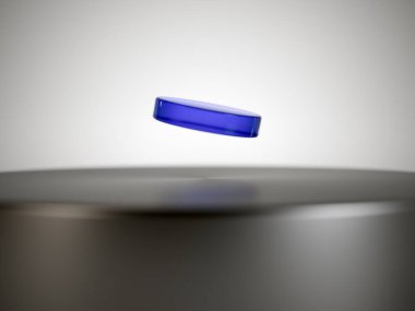 CGI illustration of a superconducting crystal LK99, perfect shape and colour, blue colour copper doped lead oxo apatite, floating over a magnet. clipart