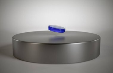 CGI illustration of a superconducting crystal LK99, perfect shape and colour, blue colour copper doped lead oxo apatite, floating over a magnet. clipart