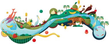 Creative animal concept. Artistic illustration of animals, ice and fruits in the jungle of Colombia, Orinoco. Dolphin, fish, boa, tigrillo, heron, butterfly. clipart