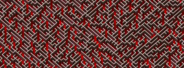 Soyut metal labirent arka planı, kırmızı zemin, pankart beyaz fotokopi alanı. Soyut arkaplan. fiziksel bağlantı yapısı.