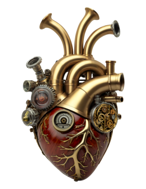 İnsan kalbi, yarı gerçekçi temsil. Steampunk makine biçimi