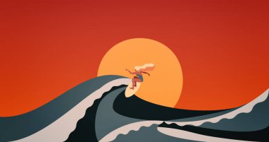 Sörf tahtasında sörf yapan bir kız yaz günü kızıl günbatımında arkasında güneş olan Mujer surfista en tabla sobre las olas del mar en verano al atardecer