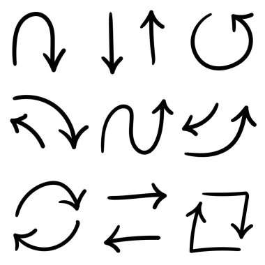 El çizimi siyah ok simgesi hazır. İzole edilmiş el çizimi ok simgeleri beyaz arkaplanda. Ok işareti: dön, eğri, dalga. Kalem çizilmiş ok. Vektör illüstrasyonu.