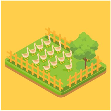 Tarımsal bileşimler, çiftlik binaları ve araçlarla izometrik set çiftlik hayvanları ve balıkçılık ekili araziler izole vektör illüstrasyonu-