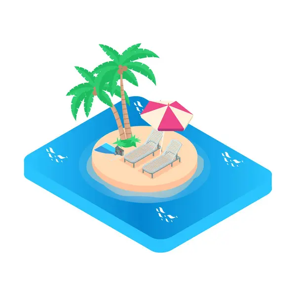 Isometric Vacation icon. Summer vacation. Turquoise sea, deckchairs, white sand and palms, sun, very beautiful nature. two beach lounge chairs under tent on beach