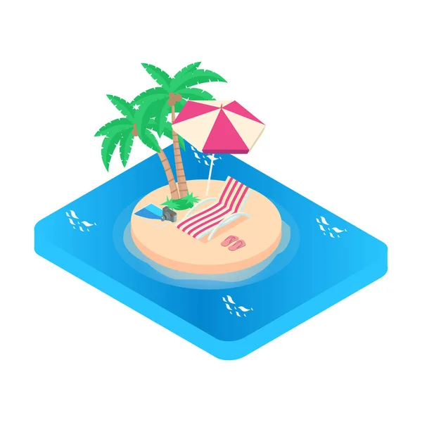 Isometric Vacation icon. Summer vacation. Turquoise sea, deckchairs, white sand and palms, sun, very beautiful nature. two beach lounge chairs under tent on beach