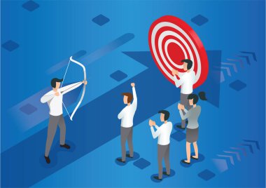 Isometric İşadamı ok ve yay atıyor. Başarı. Ok hedefin merkezine isabet etti. İş hedefi başarı konsepti, vektör illüstrasyonu