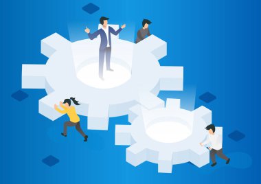 Düz 3D izometrik iş ekibi büyük bir dişli çarkını itiyor. Takım çalışması konsepti. vektör illüstrasyonu