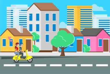 Sokaklarda bisiklet süren ve şehir manzaralı genç bir adamın düz çizimi web inişi ve vektör illüstrasyonunda kullanılabilir.