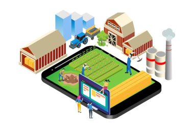 Modern Isometric Smart Farming Management System Technology Illustration in White Extecated Faiz with People and Digital Related Asset