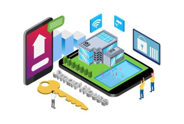 Modern Isometric Smart House İnternet Entegrasyon Teknolojisi Resimleri İnsanlarla ve Dijital Varlıklarla Ayrı Tutulmuş Arkaplanda
