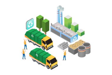 Çağdaş Isometric Green Organik Atık Geri Dönüşüm Teknolojisi Resimleri Beyazlar Arkaplanında İnsanlarla ve Dijital Varlıkla İlişkili Varlıkla İzole Edildi