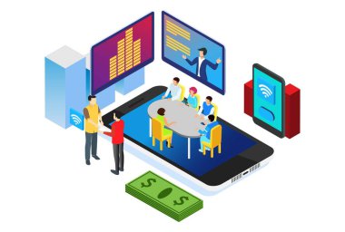 Modern Isometric Smart Online Business Webinar Technology Illustration in White Extecated Faiz with People and Digital Related Asset