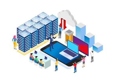 Modern Isometric Smart Cloud Veritabanı İşlem Teknolojisi Resimleri Beyazlar Arkaplanı İnsanlarla ve Dijital Kaynaklarla Ayrı Tutulmuş