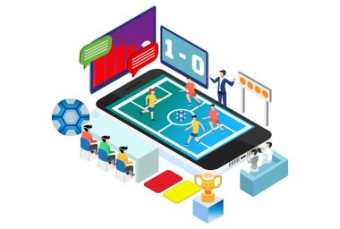 Modern Isometric Professional Live Soccer Tournament Technology Illustration in White Reaslated Subground with People and Digital Related Asset