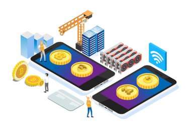 Modern Isometric Smart Bitcoin Madencilik Üretimi, Diyagramlar için elverişli, Infographics, Illustration, ve diğer grafiksel bağlantılı varlıklar