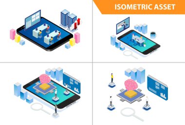 Modern 3d Isometric Set koleksiyonu Smart Online Öğrenme Teknolojisi Resimleri İnsanlarla ve Dijital Varlıklarla Ayrı Alanlarda
