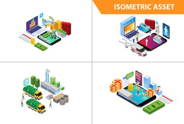 Modern 3d Isometric Set koleksiyonu Akıllı Sunum Teknolojisi Resimleri Beyazlar Arkaplanı İnsanlarla ve Dijital Varlıklarla Ayrı Tutulmuş