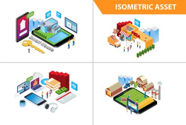 Modern 3d Isometric Set koleksiyonu Akıllı Sunum Teknolojisi Resimleri Beyazlar Arkaplanı İnsanlarla ve Dijital Varlıklarla Ayrı Tutulmuş