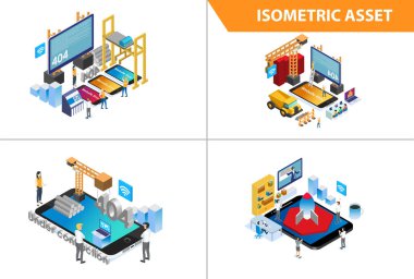 Modern 3d Isometric Set koleksiyonu Akıllı Sunum Teknolojisi Resimleri Beyazlar Arkaplanı İnsanlarla ve Dijital Varlıklarla Ayrı Tutulmuş