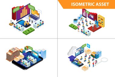 Modern 3d Isometric Set koleksiyonu Akıllı Sunum Teknolojisi Resimleri Beyazlar Arkaplanı İnsanlarla ve Dijital Varlıklarla Ayrı Tutulmuş