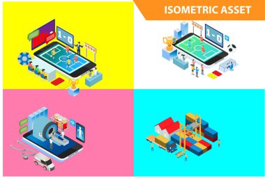 Modern 3d Isometric Set kolleksiyonu Smart Online Live Soccer Technology Illustration in White Exislated Background with People and Digital Related Asset