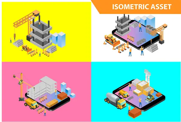 Modern 3d Isometric Set koleksiyonu Smart Construction Technology Illustration in White Extecated Faiz with People and Digital Related Asset