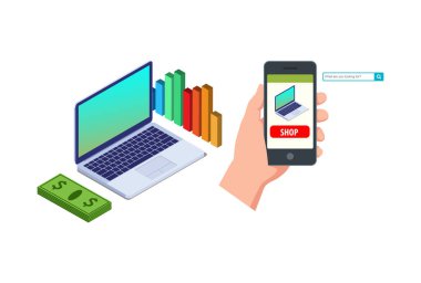Modern 3d Isometric Smart Shop Çevrimiçi Teknoloji Resimleri Beyazlar Arkaplanı İnsanlarla ve Dijital Varlıkla İlişkili