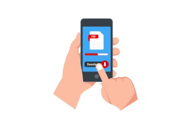 Mobil uygulamanın sayfasını akıllı telefon ekranından indir. Eller akıllı telefonu tutar, parmaklar düğmeye basar. Web afişleri, web siteleri, bilgi grafikleri için belge konsepti indiriliyor. Yaratıcı düz tasarım vektörü