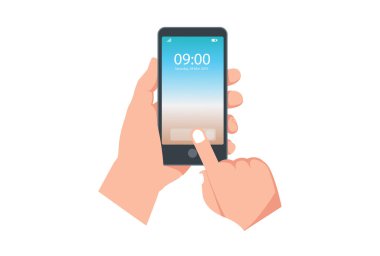Mobil uygulamanın sayfasını akıllı telefon ekranından indir. Eller akıllı telefonu tutar, parmaklar düğmeye basar. Web afişleri, web siteleri, bilgi grafikleri için belge konsepti indiriliyor. Yaratıcı düz tasarım vektörü