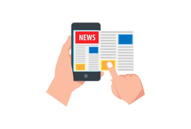 Çevrimiçi haberler, gazete, haber sitesi düz vektör illüstrasyonu. Haber güncellemesi, dijital içerik, internet gazetesi, web afişi ve uygulamaları için haber makalesi