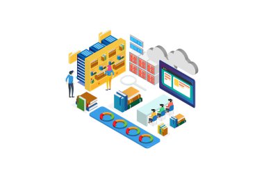 Modern Isometric Smart Online Library Illustration, Diyagram, Infographics, Book Illustration, Game Asset, ve diğer grafiksel bağlantılı varlıklar