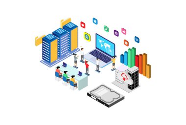 Modern Isometric Smart Cloud Veritabanı İşlem Teknolojisi Resimleri Beyazlar Arkaplanı İnsanlarla ve Dijital Kaynaklarla Ayrı Tutulmuş