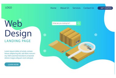 Web Sayfası Teslimat uygulaması izometrik illüstrasyon. E-ticaret. Pist servisi. Kamyon nakliyesi. Küresel online navigasyon. Teslimat izleme bilgileri. Akıllı telefon uygulaması, web, afiş tasarımı. İzole vektör