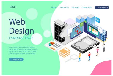 Pankart ve web sitesi için modern düz tasarım izometrik Cloud Technology konsepti. İniş sayfası şablonu. Veri merkezi, dijital ağdaki bilgileri paylaşmak için yazılım çözümleri. Vektör illüstrasyonu.