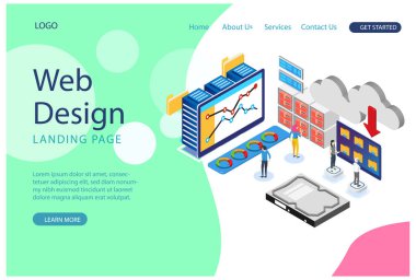 Pankart ve web sitesi için modern düz tasarım izometrik Cloud Technology konsepti. İniş sayfası şablonu. Veri merkezi, dijital ağdaki bilgileri paylaşmak için yazılım çözümleri. Vektör illüstrasyonu.