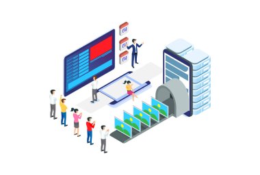 Modern 3d izometrik vektör konsepti çevrimiçi oylama, e-oylama, seçim İnternet sistemi. Kutulu çevrimiçi seçenekler kavramı. Diyagramlar, Bilgi Grafikleri, Oyun Varlığı ve Diğer Grafiksel Varlıklar İçin Uygun