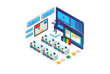 Isometric Business Training Training Comote Uzaktan Kurumsal Eğitim Toplantısı Isometric People 3D Webinar Online Manager Web Etkinlik Konferansı Tablet Uygulama Liderliği Mali Çalışan Eğitim Oturumu Vektörü