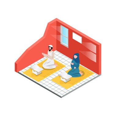 Isometric Activity, Ramazan ayında Kur 'an' ı okuyun. İnsanlarla ve Dijital Varlıklarla İzole Edilmiş Mavi Arkaplan 'daki nimetlerle dolu.