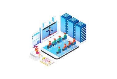Modern Teknoloji Isometric Smart Online Webinar Eğitim Teknolojisi Beyazlar Arkaplanı İnsanlarla ve Dijital Kaynaklarla Ayrı Tutulmuş