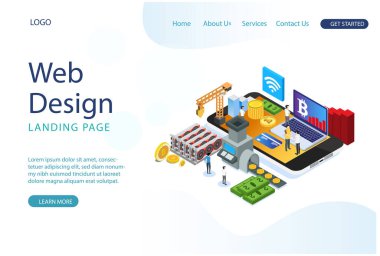 Modern Web İniş Sayfası Isometric Smart Bitcoin Madencilik Çizimi. Diyagramlar, Bilgi Grafikleri, Kitap İllüstrasyonu, Oyun Varlığı ve Diğer Grafiksel Varlıklar İçin Uygundur